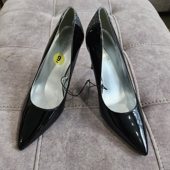 NEW Marc Fisher Black Pointed Toe Glitter Pump Patent Leather Size 9M - Picture 1 of 9